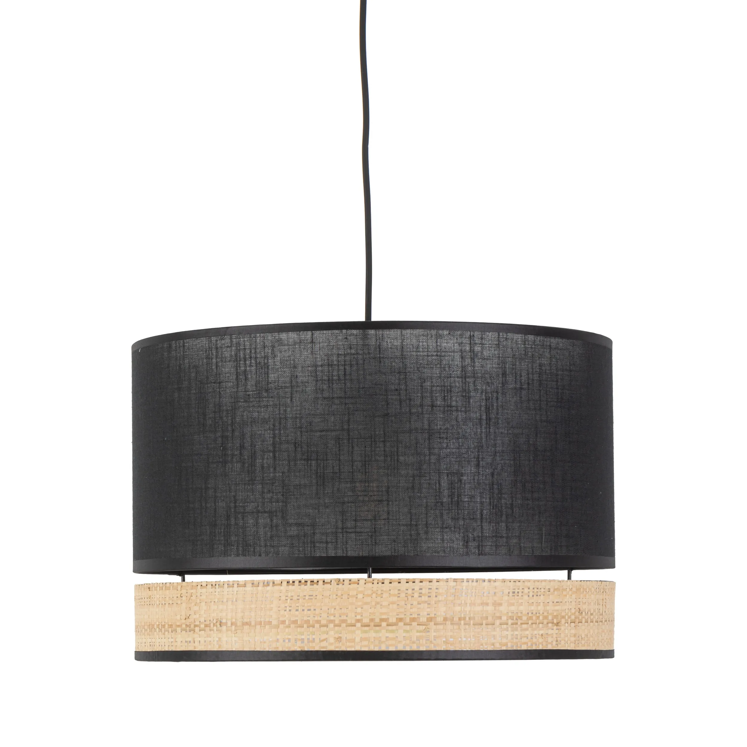 Lampa wisząca PAGLIA czarna z tkaniny z rattanowym wykończeniem 170x38cm