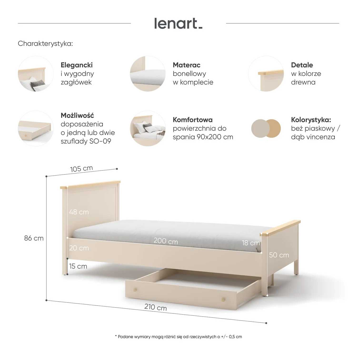 Łóżko z zagłówkiem STORY 16 90x200 beż piaskowy dąb vincenza bielony - SO16BPVB