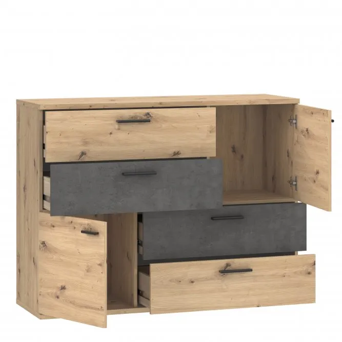 Komoda SKIVE 2-drzwiowa z 4 szufladami - dąb artisan, efekt betonu - SKVK46-C752