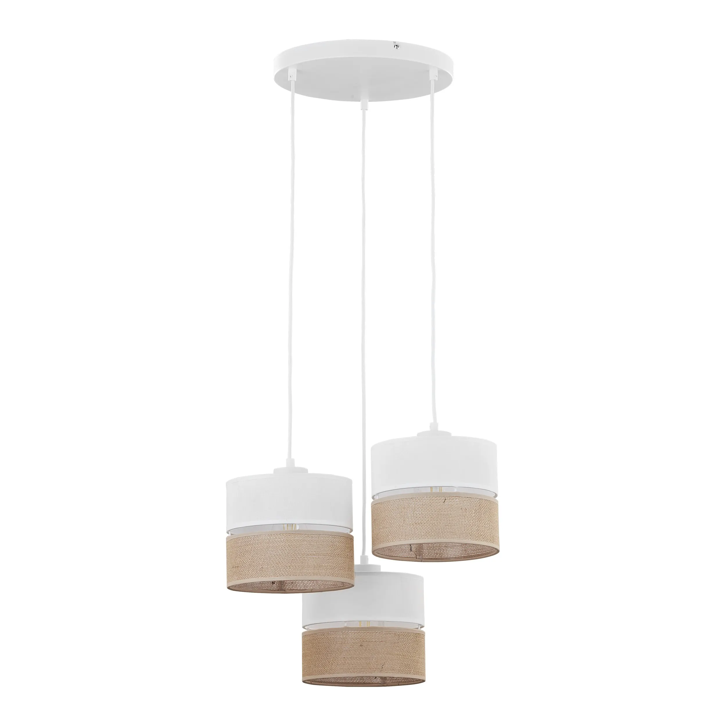 Lampa wisząca LINOBIANCO biała z brązowym elementem z plecionki potrójna 140x47cm