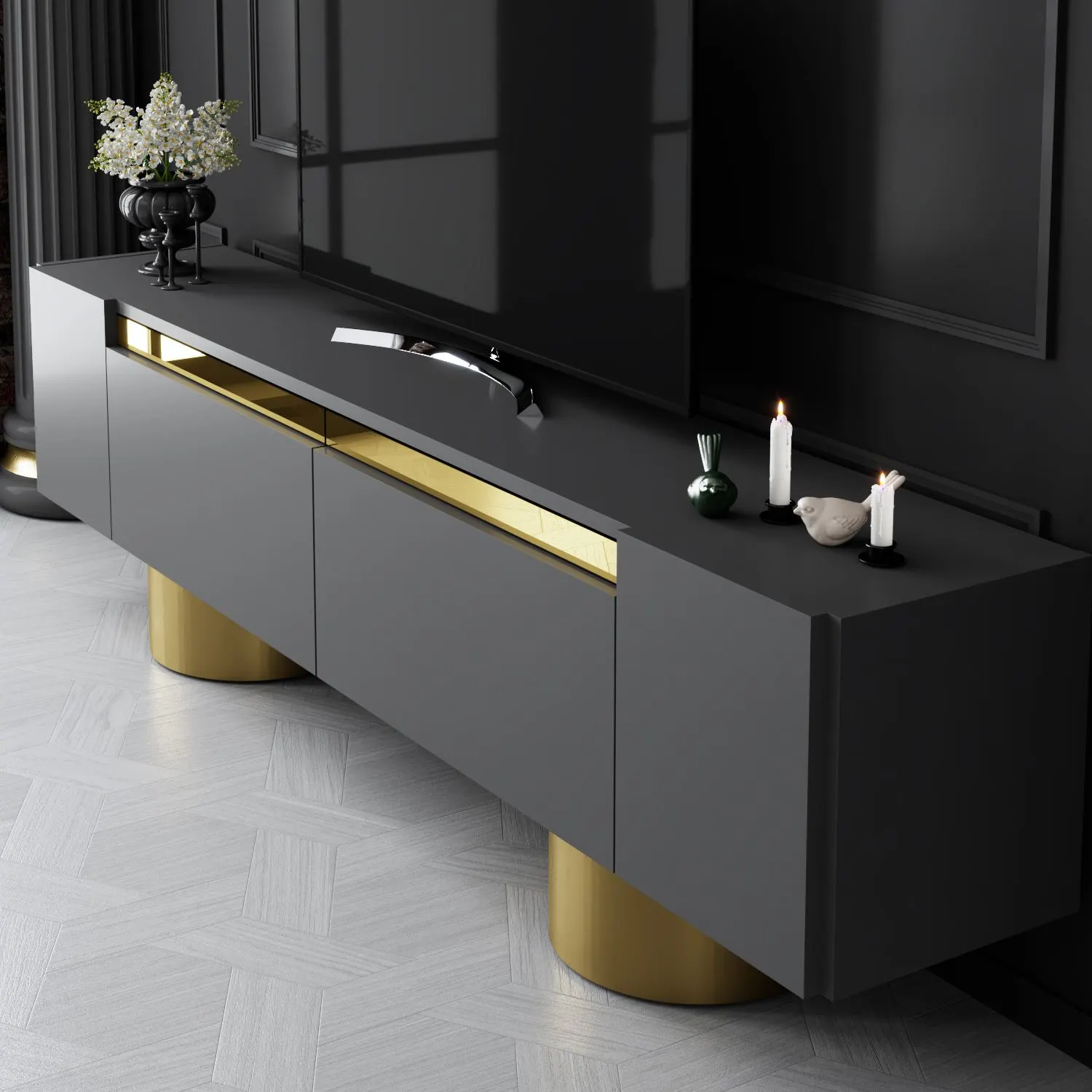 Szafka RTV z 2 klapami na blaszanych nogach BOHEM 180x50x30 cm antracyt złoty - ASI_618BLY1260