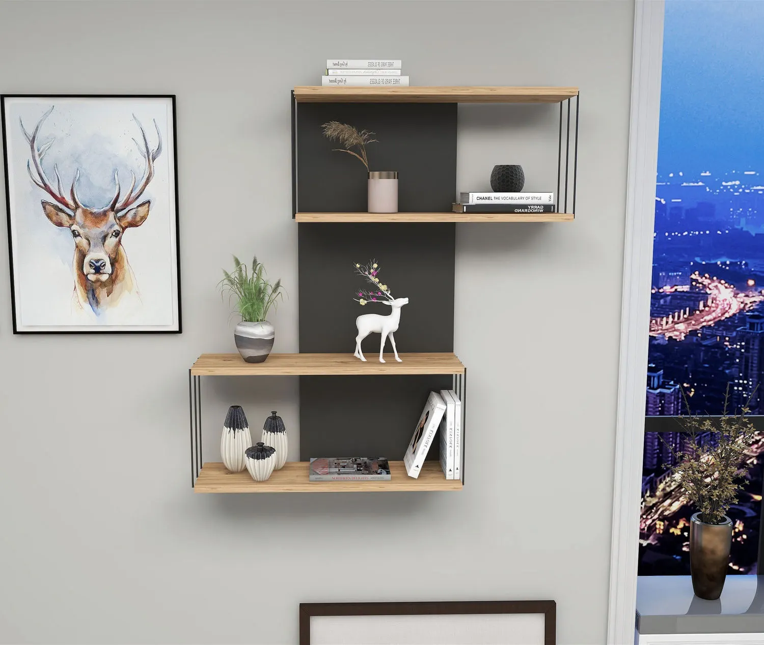 Półka ścienna z panelem DESTAN antracytowy, dąb naturalny - ASI_854KLN1742