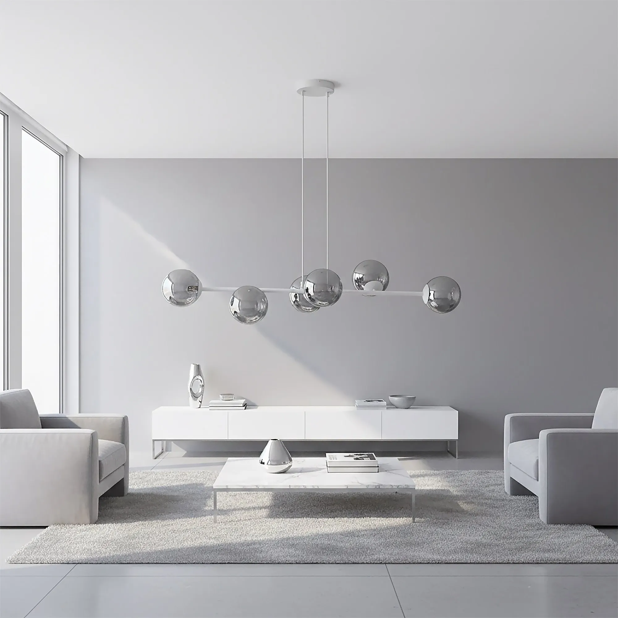 image lampa wisząca, kula szklana, geometria nowoczesna, salon nowoczesny, baldy metaliczny