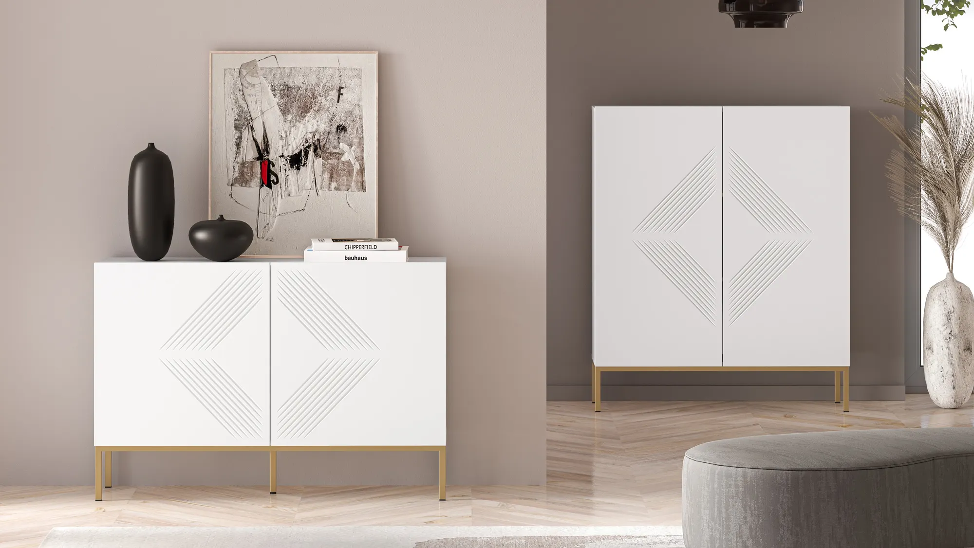 Komoda 2-drzwiowa CLEARING 03 biały alpejski, podstawa-złoty - 1CLEA03-001-03