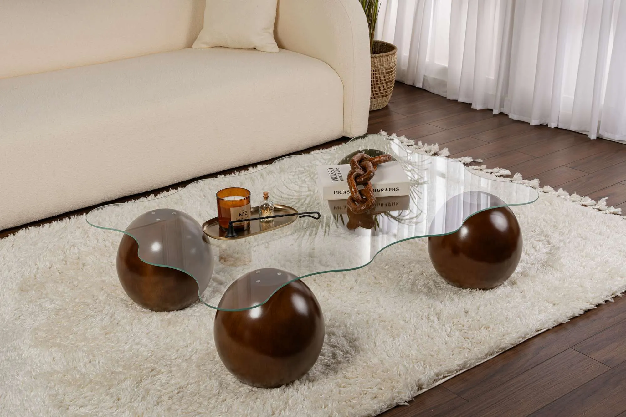 Stolik kawowy NOXA 80x120 cm nogi kuliste orzech blat transparentny - ASI_857NRD1135