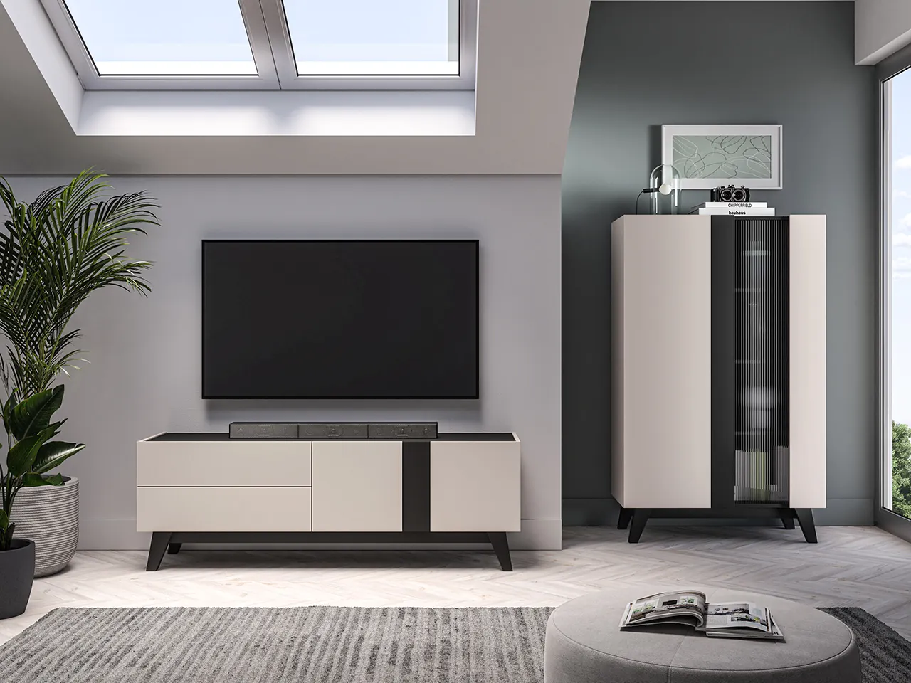 Szafka RTV z szufladami i półkami FRESHION 160 cm beżowo-czarna - 1FRES05-001