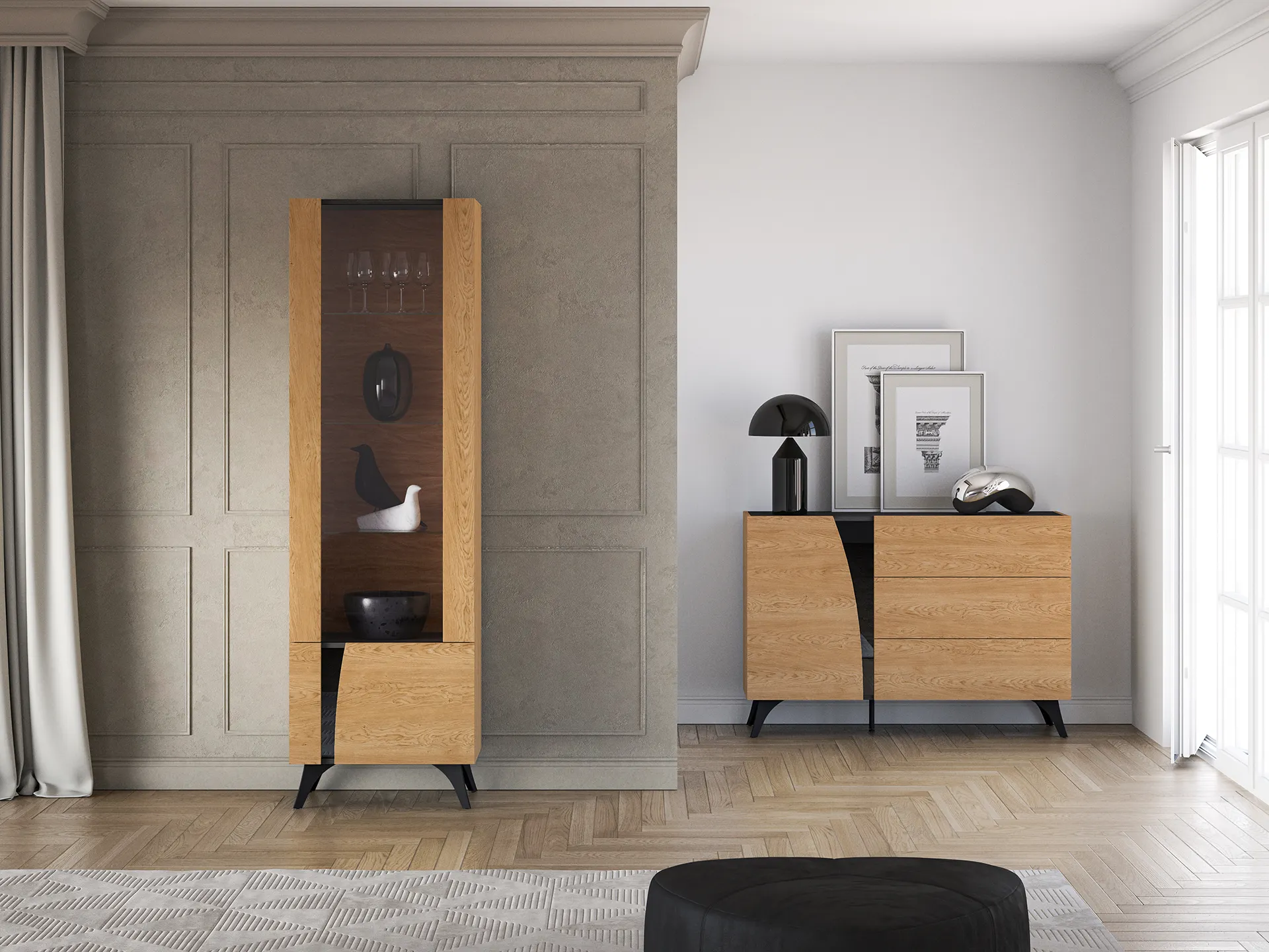 Witryna 1-drzwiowa TOSCANIA 02 prawa dąb baltic dune jesion prestige czarny - 1TOSC02P-001