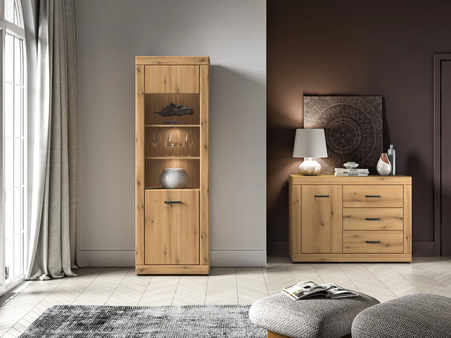 Witryna szklana 1-drzwiowa DORA 65x40x195 L/P dąb evoke - 1DORA02-001