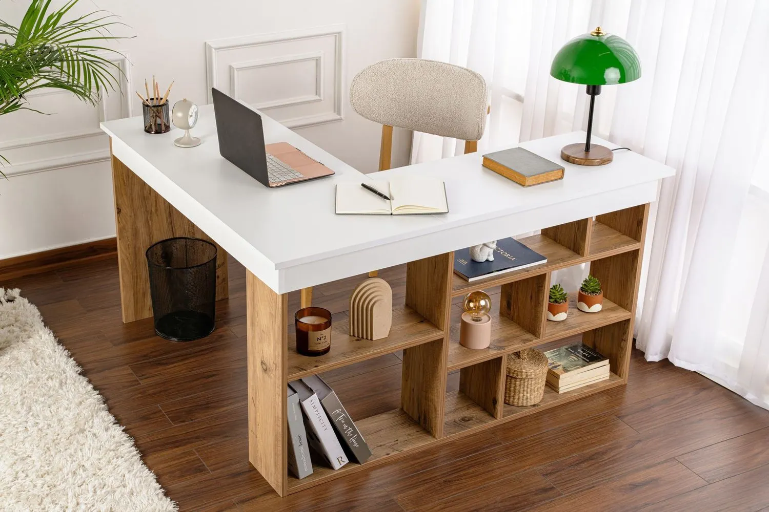 Biurko narożne z regałem VESPER 120x130 biały naturalny - ASI_241NRD1110