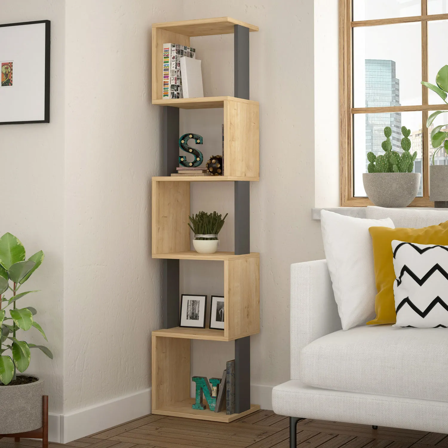 Regał niski otwarty PIRI 35x161 cm dąb naturalny antracyt — zdjęcie 2