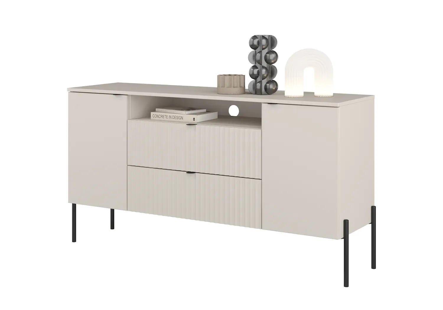 Komoda 2-drzwiowa z 2 szufladami i wnęką ORE 140 cm kaszmir ryflowany front czarne nóżki - 24KROG26