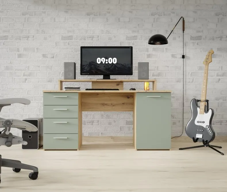 Biurko NET106 z szafką, 4 szufladami i nadstawką - dąb artisan, miętowy - MT980-M888