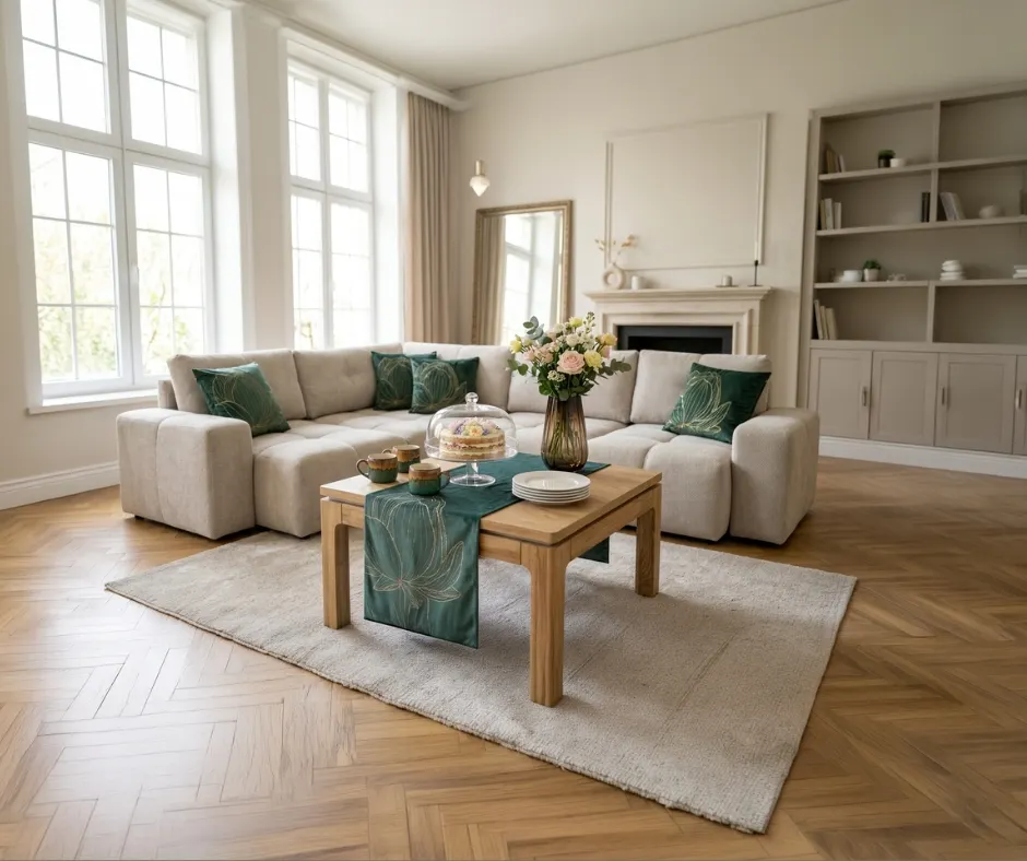 kanapa narożna, salonowy wystrój, stolik kawowy, poduszki zielone, dekoracja kwiatowa