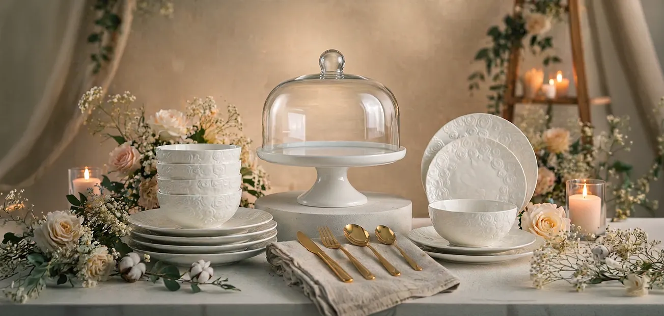 porcelana, zestaw naczyń, stojak na ciasto, szklana pokrywa, białe naczynia, naczynia, zestaw stołowy, porcelana, talerze, pokrywka na ciasto, naczynia, zestaw obiadowy, talerze, patery, szklana pokrywa
