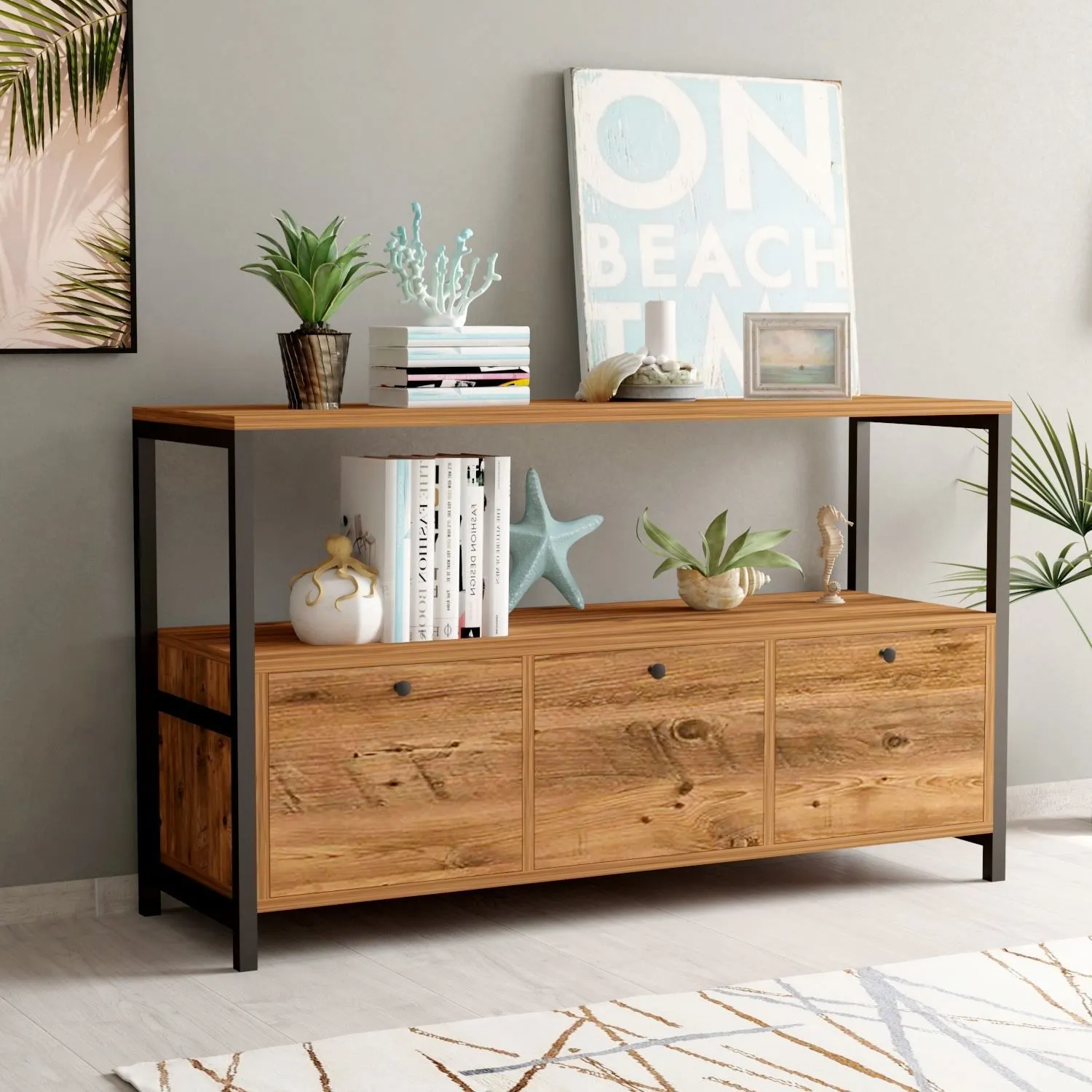 Komoda drewniana 3-drzwiowa NERO V2 sosna atlantycka metalowy stelaż - ASI_570VLT1911