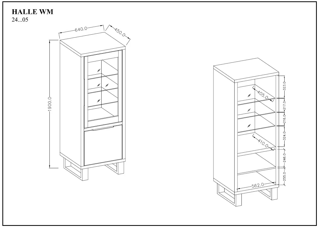 Witryna szklana z szafką HALLE 64x190 dąb Wotan - 24N0HK05