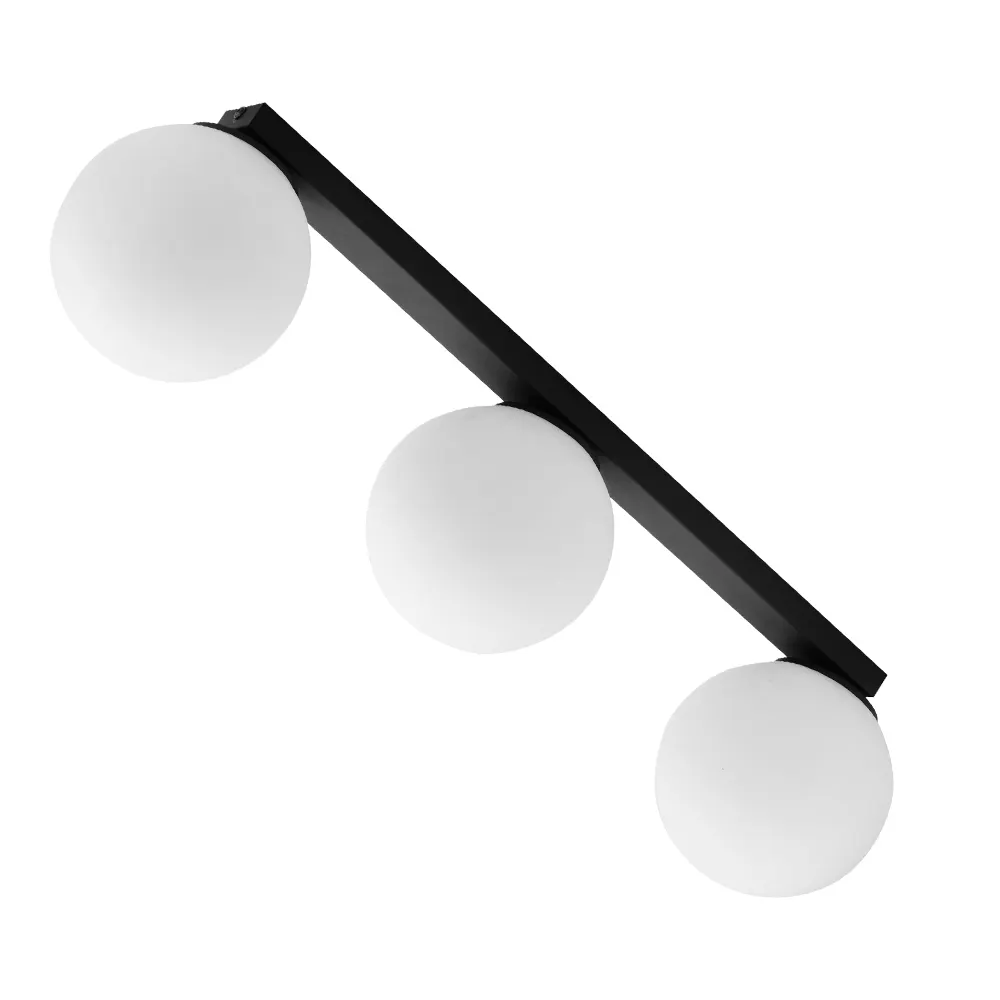 Lampa sufitowa MAXI czarna z białymi okrągłymi szklanymi kloszami na listwie 62x20x16cm - TK_3479