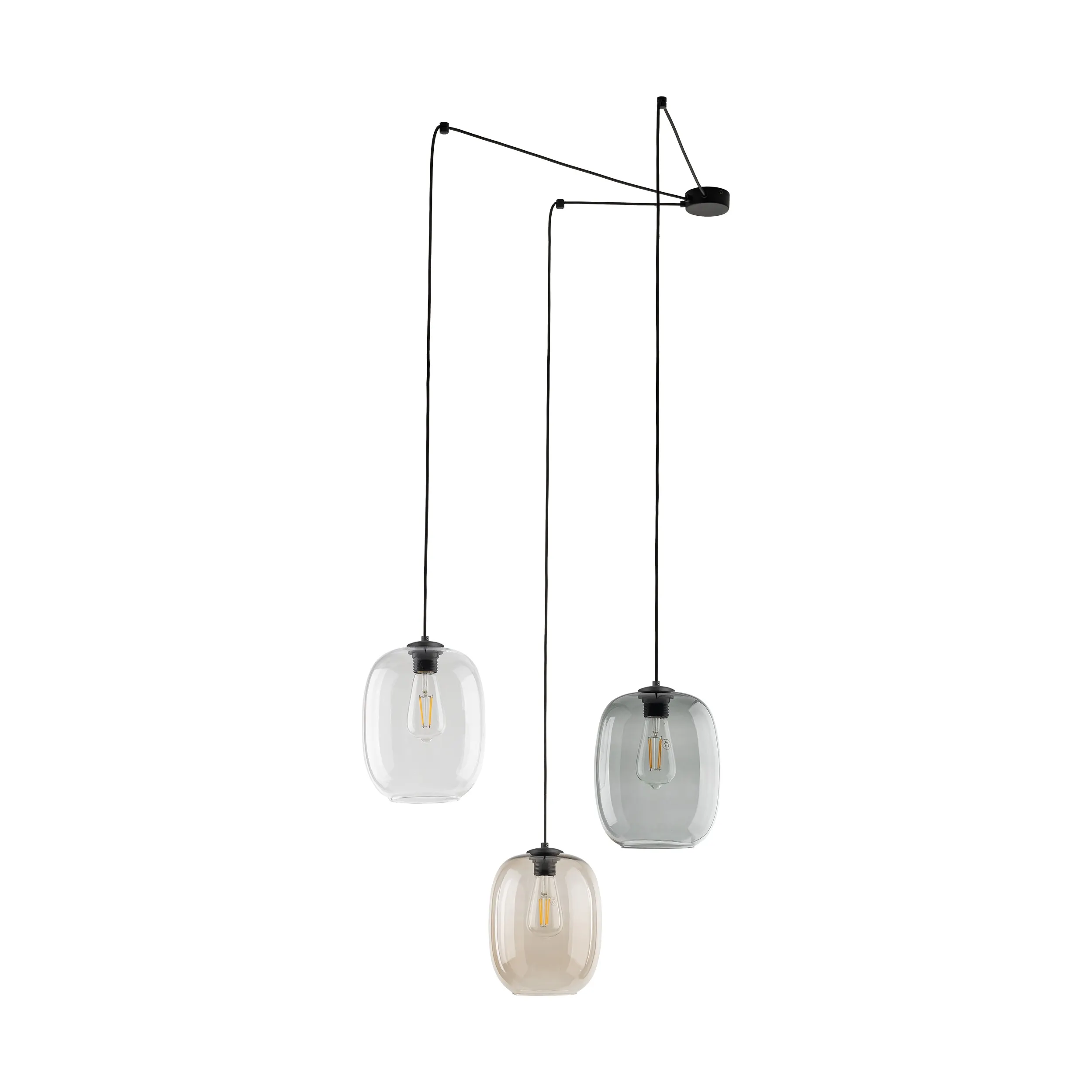 Lampa wisząca ELIO czarna z różnokolorowymi transparentnym dymionym brązowym szklanymi kloszami 150cm