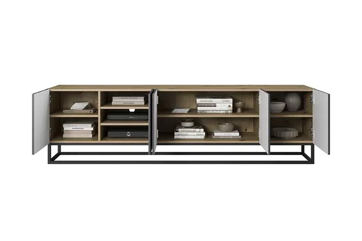 Szafka RTV ASHA 200 5D - szary - dąb artisan - ryflowany front - stelaż czarny - B_52263