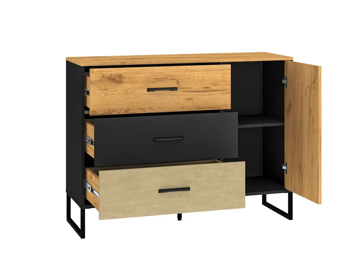 Komoda 1-drzwiowa z 3 szufladami Colt 06 dąb craft złoty, czarny, stal premium - 1COLT06-001
