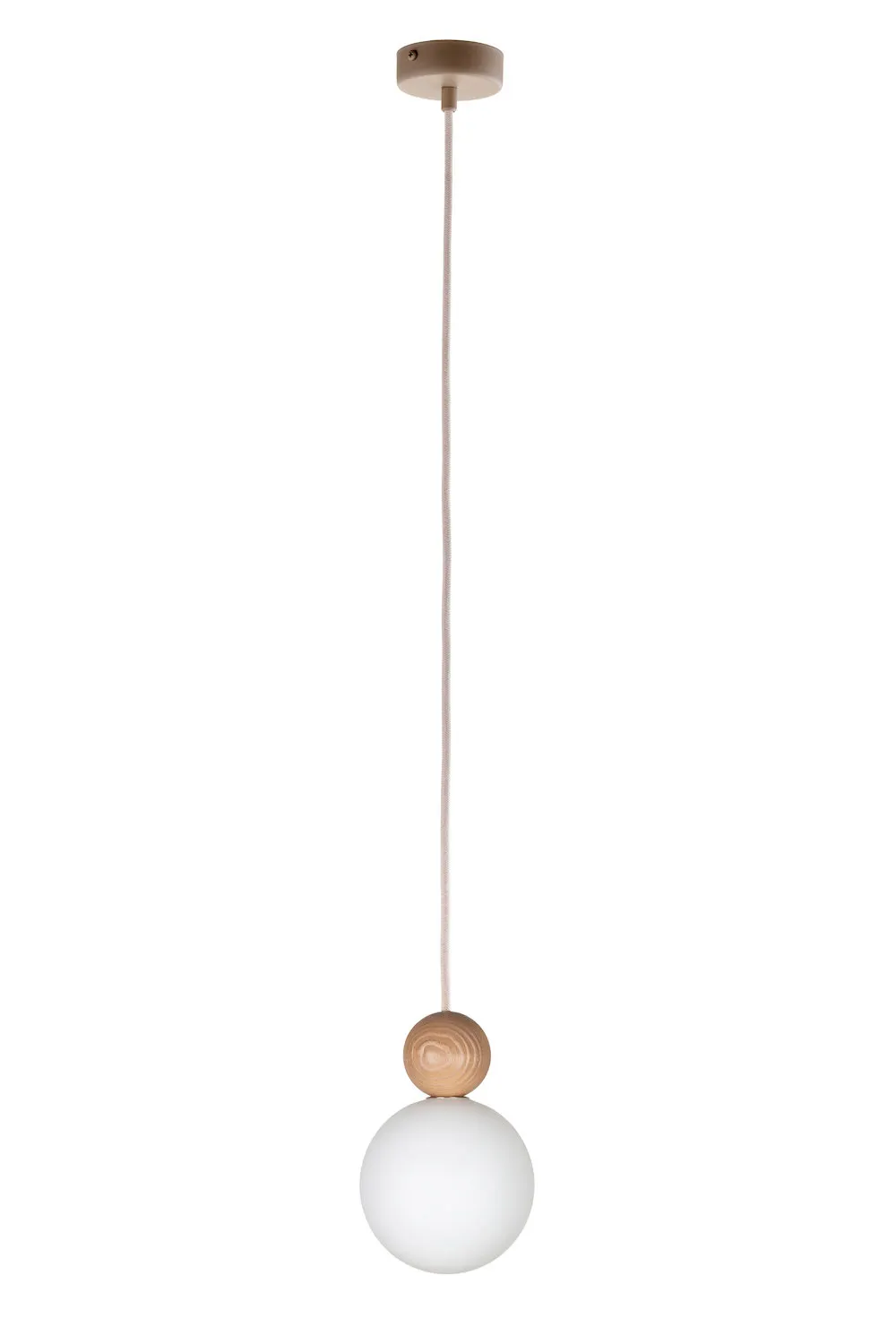 lampa wisząca, kuleczka drewniana, globo białe, suspension light, bałwanowy design