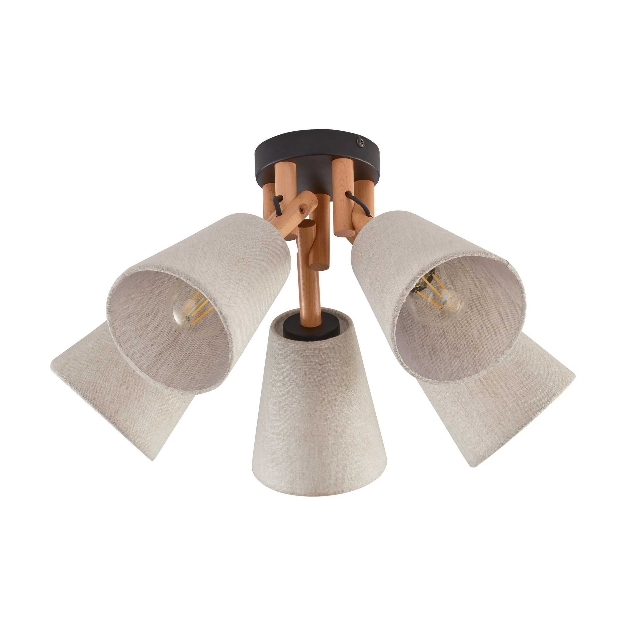 Lampa sufitowa VAIO NATURE czarna z jasnymi drewnianymi ramionami i brązowymi okrągłymi kloszami z tkaniny 50x30cm