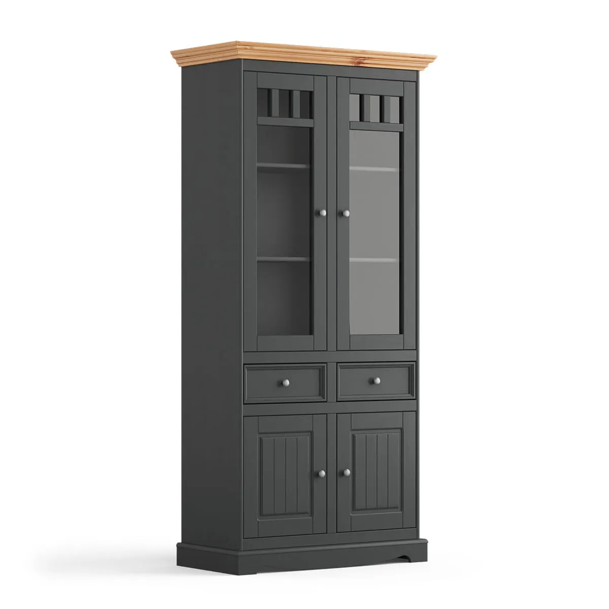 Witryna wysoka BELLUNO ELEGANTE 4-drzwiowa z 3 szufladami grafit - naturalna sosna