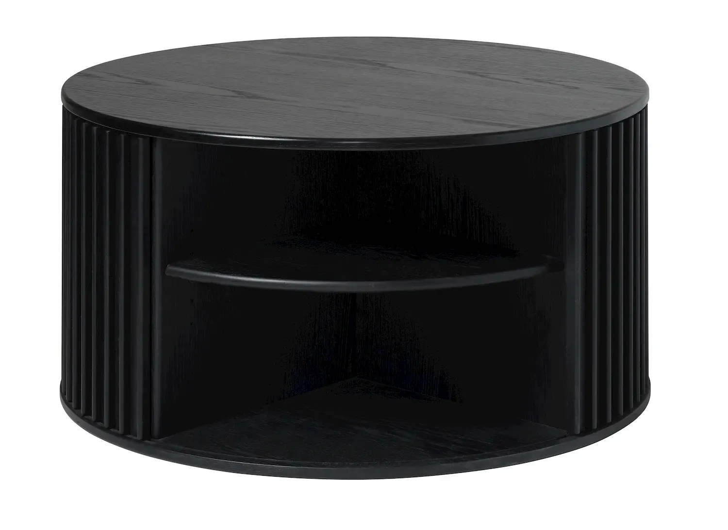 Stolik kawowy okrągły SIENA 85 cm z zasuwanymi półkami ryflowany czarny - UN_46124640