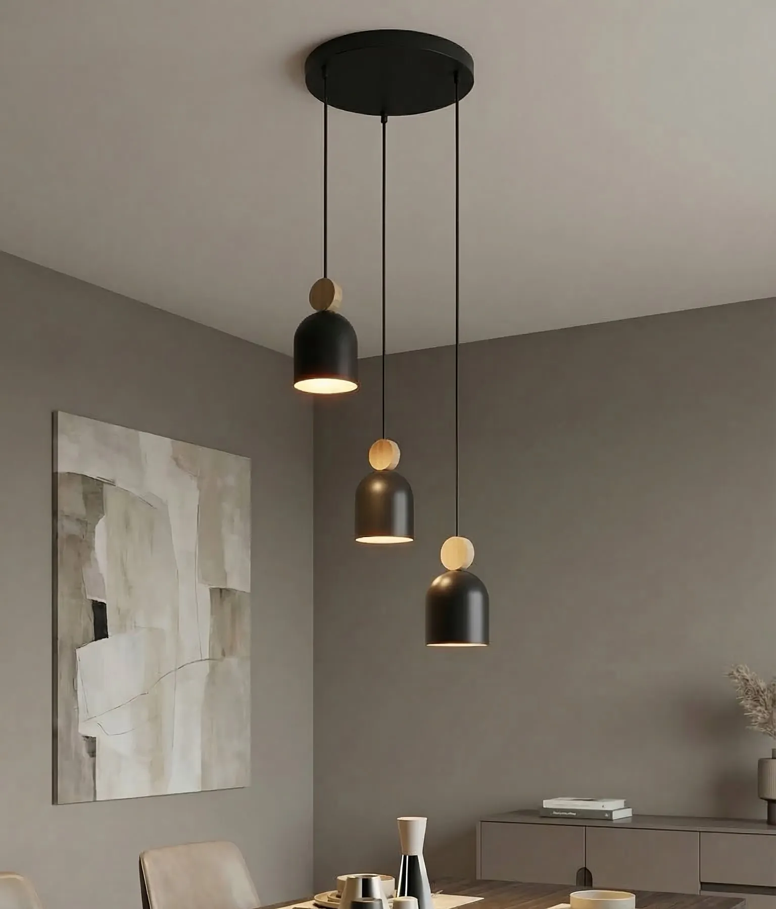lampa wisząca, pendant, czarny, trzy-półkulowy, drewniane elementy