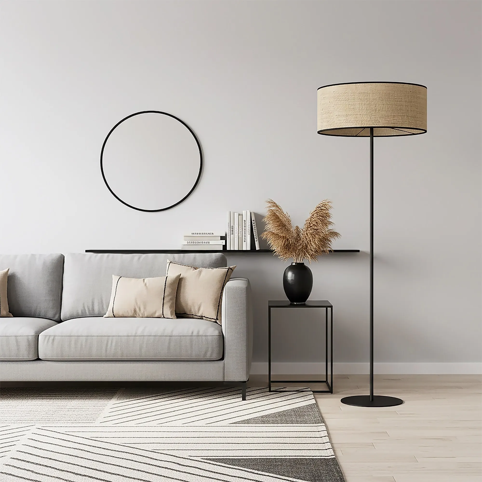 image sofa, kanapa, salon, lampa stojąca, dekor wiszący