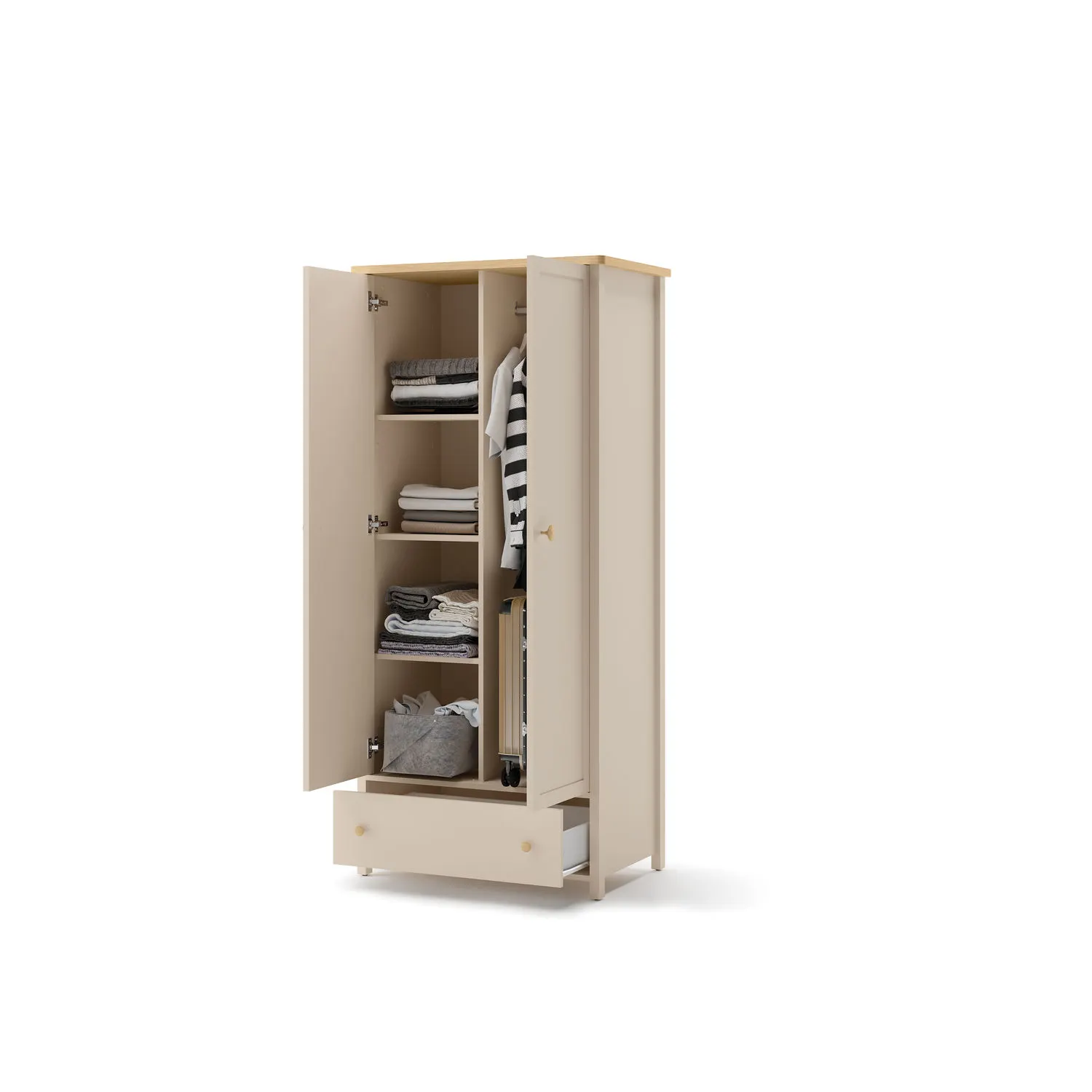 Szafa 2-drzwiowa z szufladą i 2 drążkami STORY 12 beż piaskowy dąb vincenza bielony - SO12BPVB