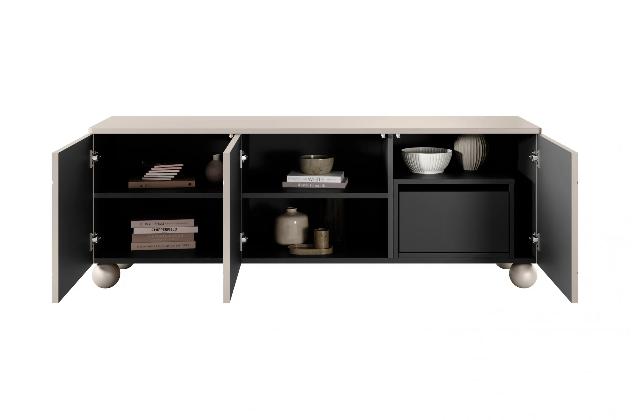 Szafka RTV 3-drzwiowa z 1 szufladą SONATIA 150cm cashmere nogi kule — zdjęcie 5