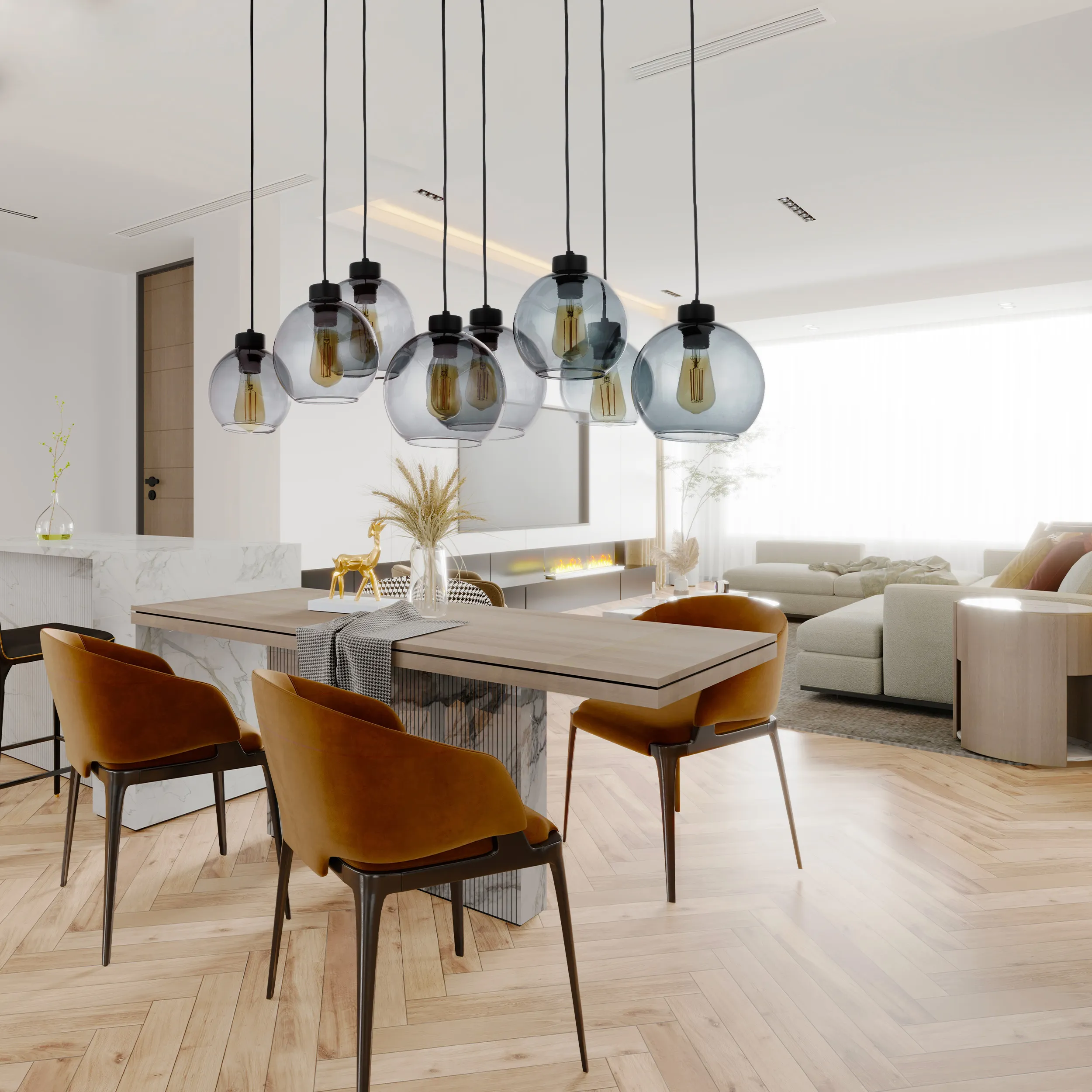 Lampa wisząca CUBUS czarna z transparentnymi szarymi szklanymi kloszami 175x95x36cm - TK_4113