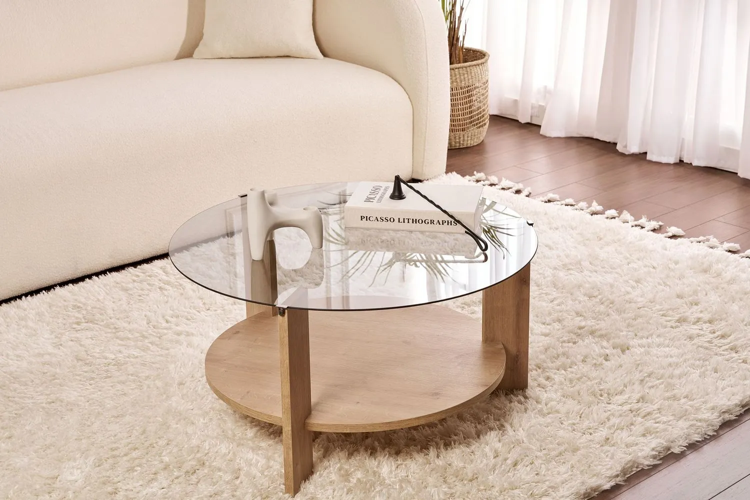 Stolik kawowy okrągły z półką CLARA 75 cm dąb sapphire blat szkło dymione