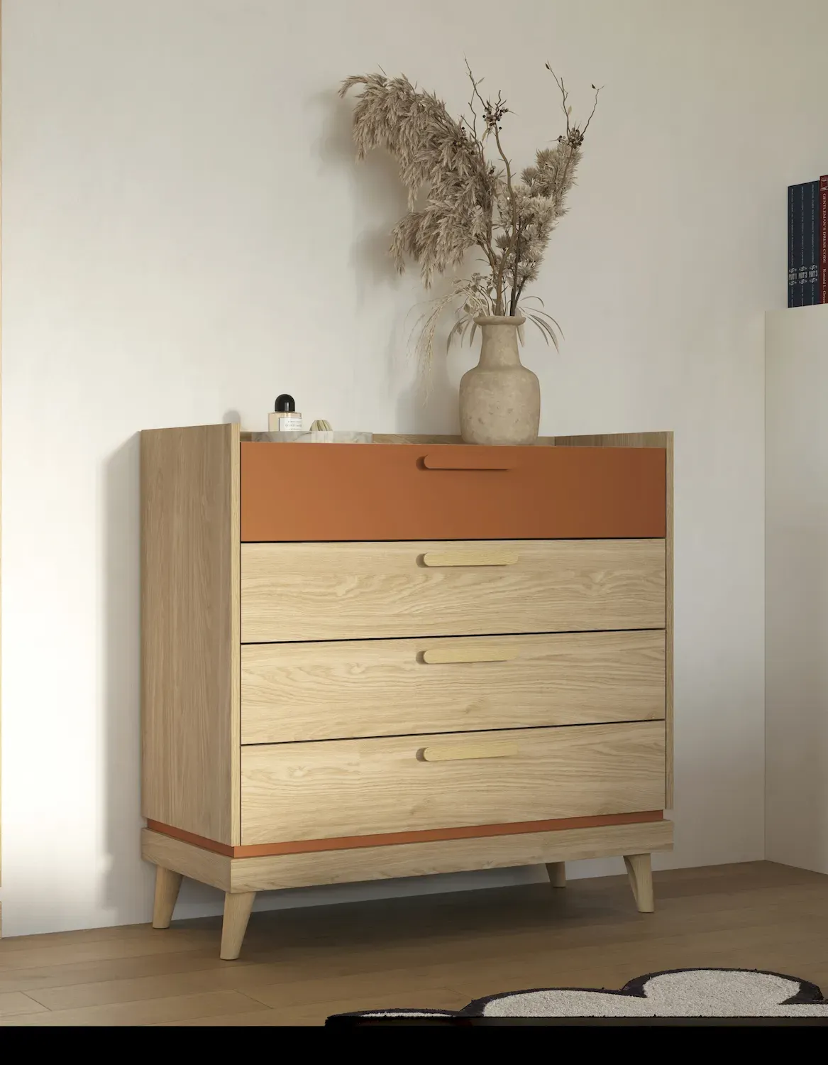 Komoda z 4 szufladami SCANDI 27 dąb olejowany ceglany — zdjęcie 6
