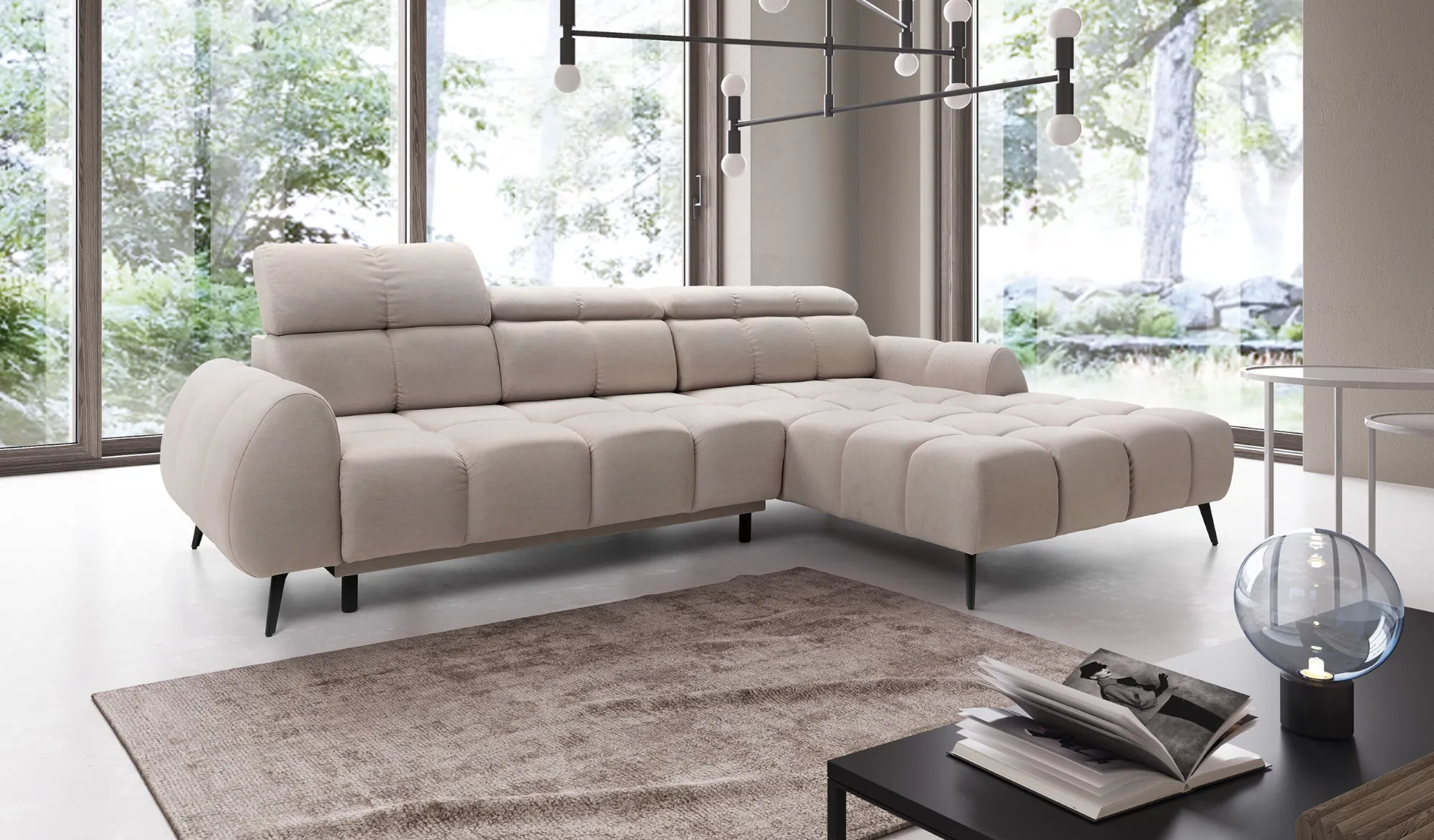 Narożnik z funkcją spania PIANO prawostronny elektryczny wysuw siedziska - tkanina Nube 08 - beżowy - PIANO_NAR_NUBE08_P