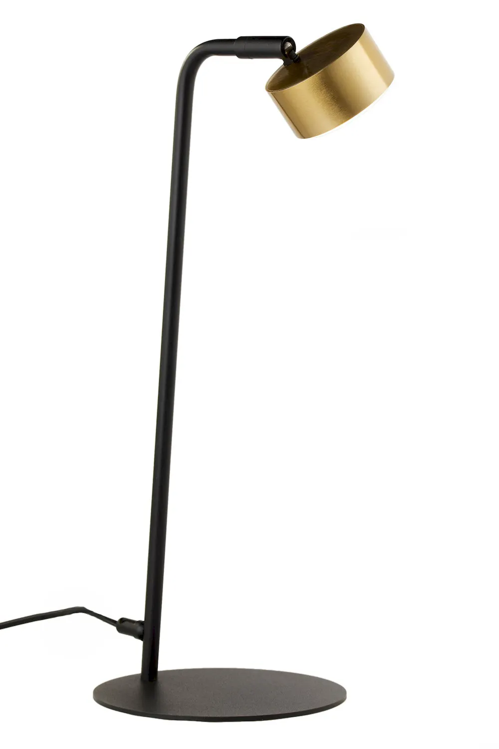 image lampa biurowa, stołowa, metaliczny złoty abażur, czarna rama, podstawa okrągła