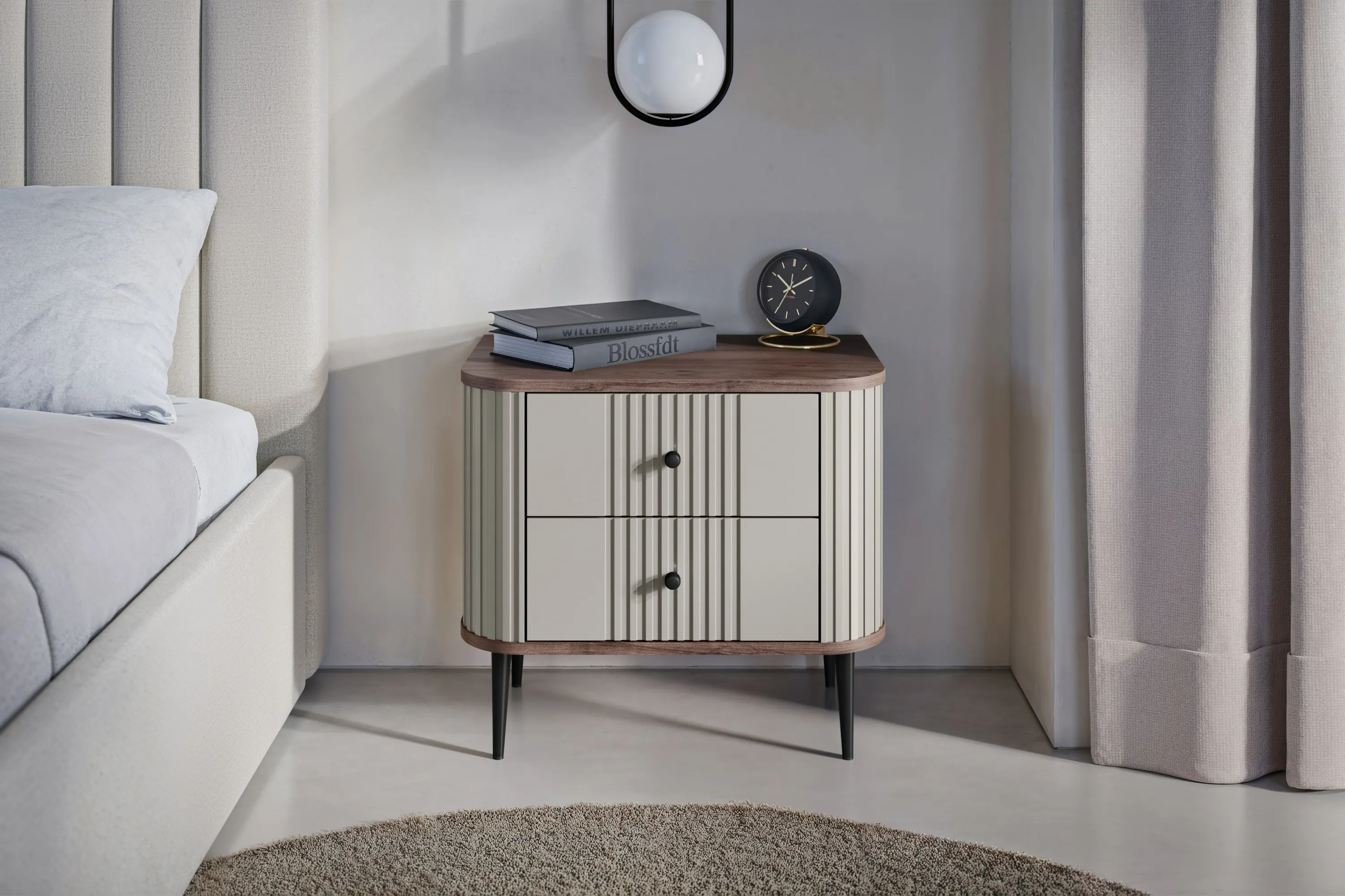 Szafka nocna z 2 szufladami VESPER 56 zestaw 2 sztuk ryflowany front cashmere orzech czarne nogi - B_163837