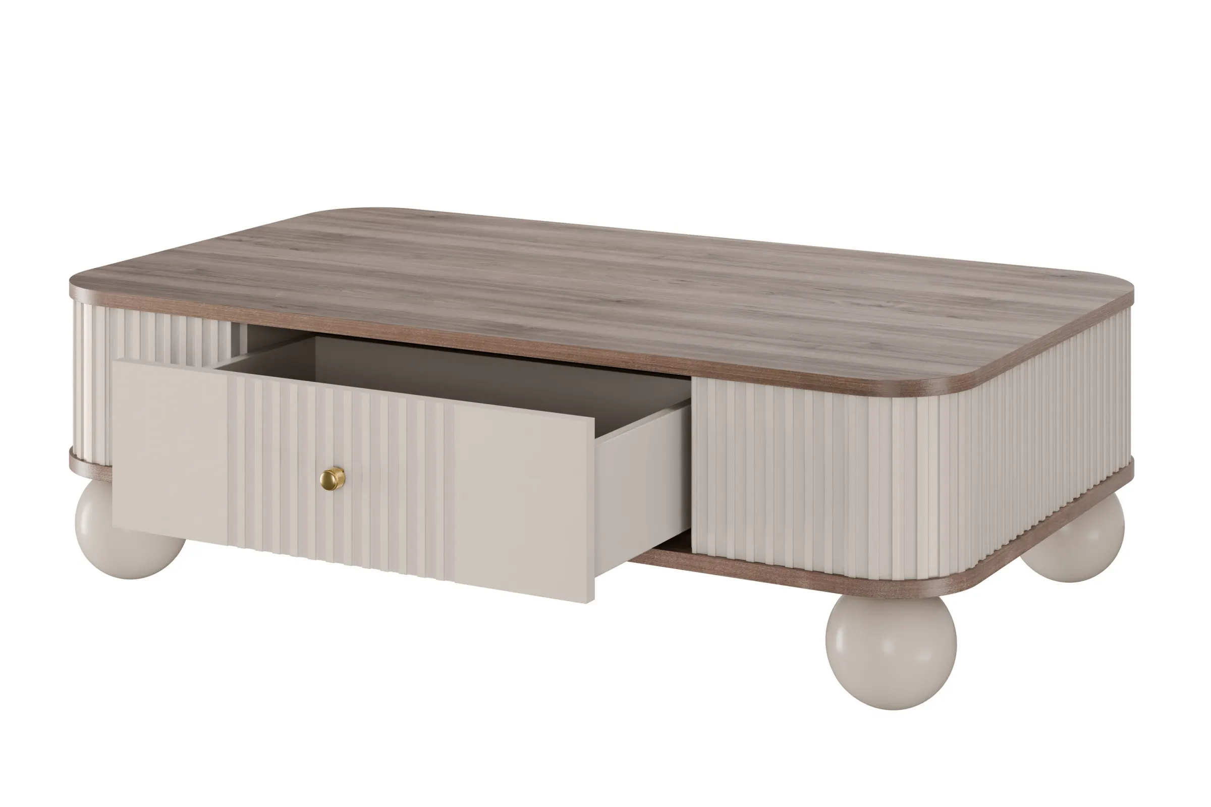 Stolik kawowy z szufladą VESPER 103 ryflowany front cashmere złote uchwyty nogi kule - B_163810