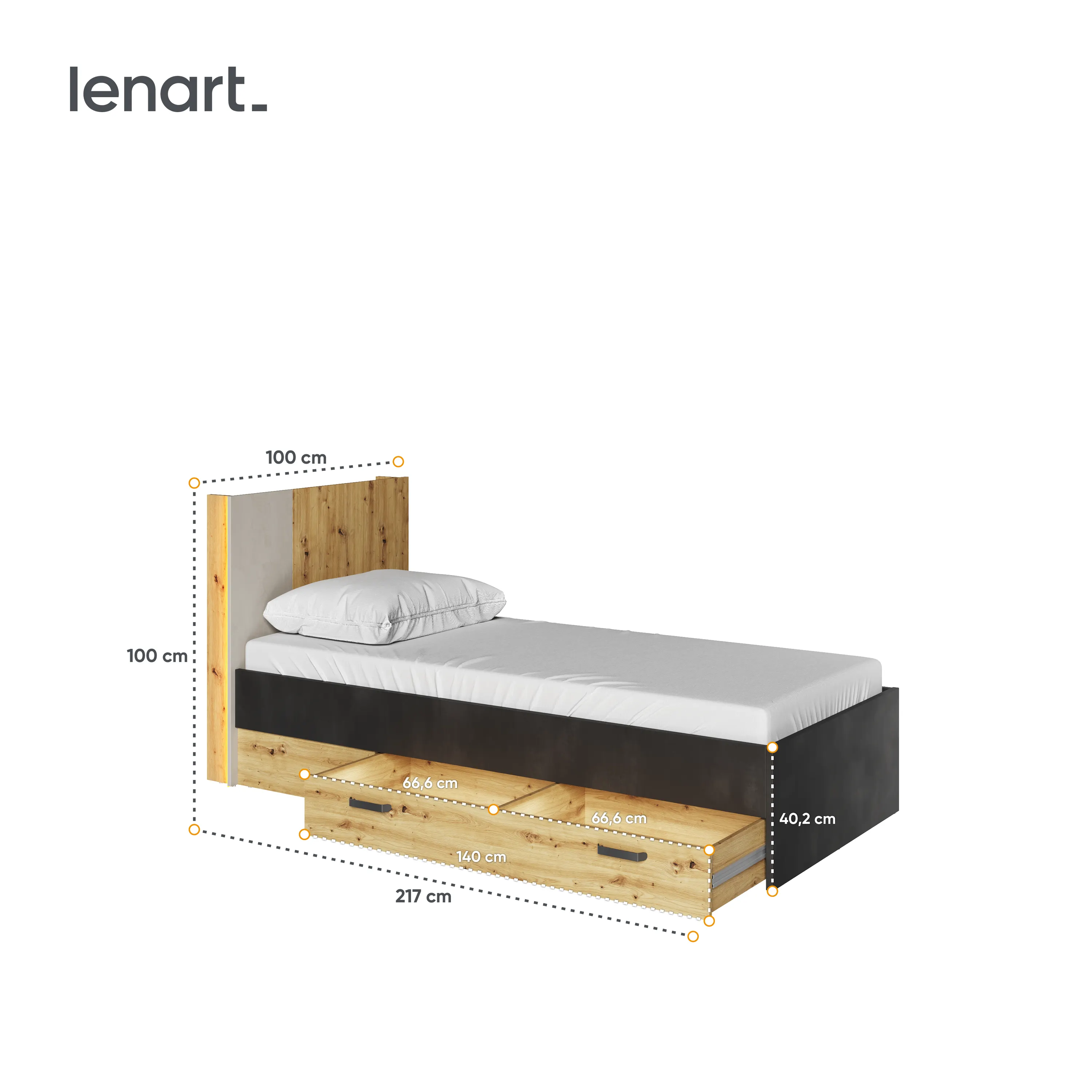 Łóżko ze stelażem LED Qubic QB-12 90x200 dąb artisan - QB12DAR