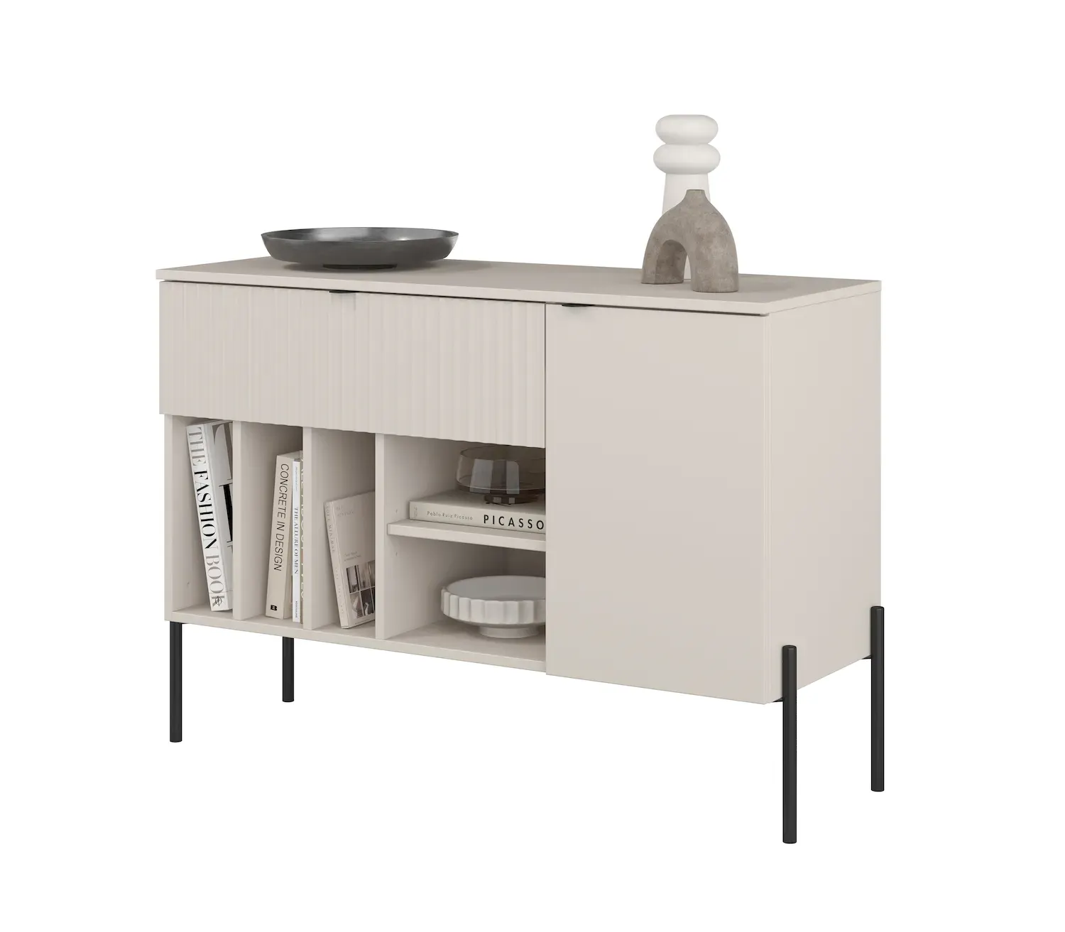 Komoda z szafką i szufladą ORE 105 cm kaszmir ryflowany front czarne nóżki - 24KROG45