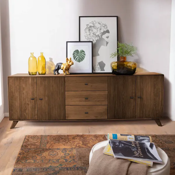 Komoda drewniana ryflowana BLISS 220x40 z 3 szufladami i 2 szafkami - GK_103624070102