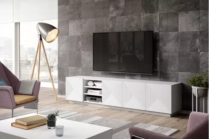 Szafka RTV ASHA 200 4D z wnęką - biały mat- ryflowany front - cokół - B_52551