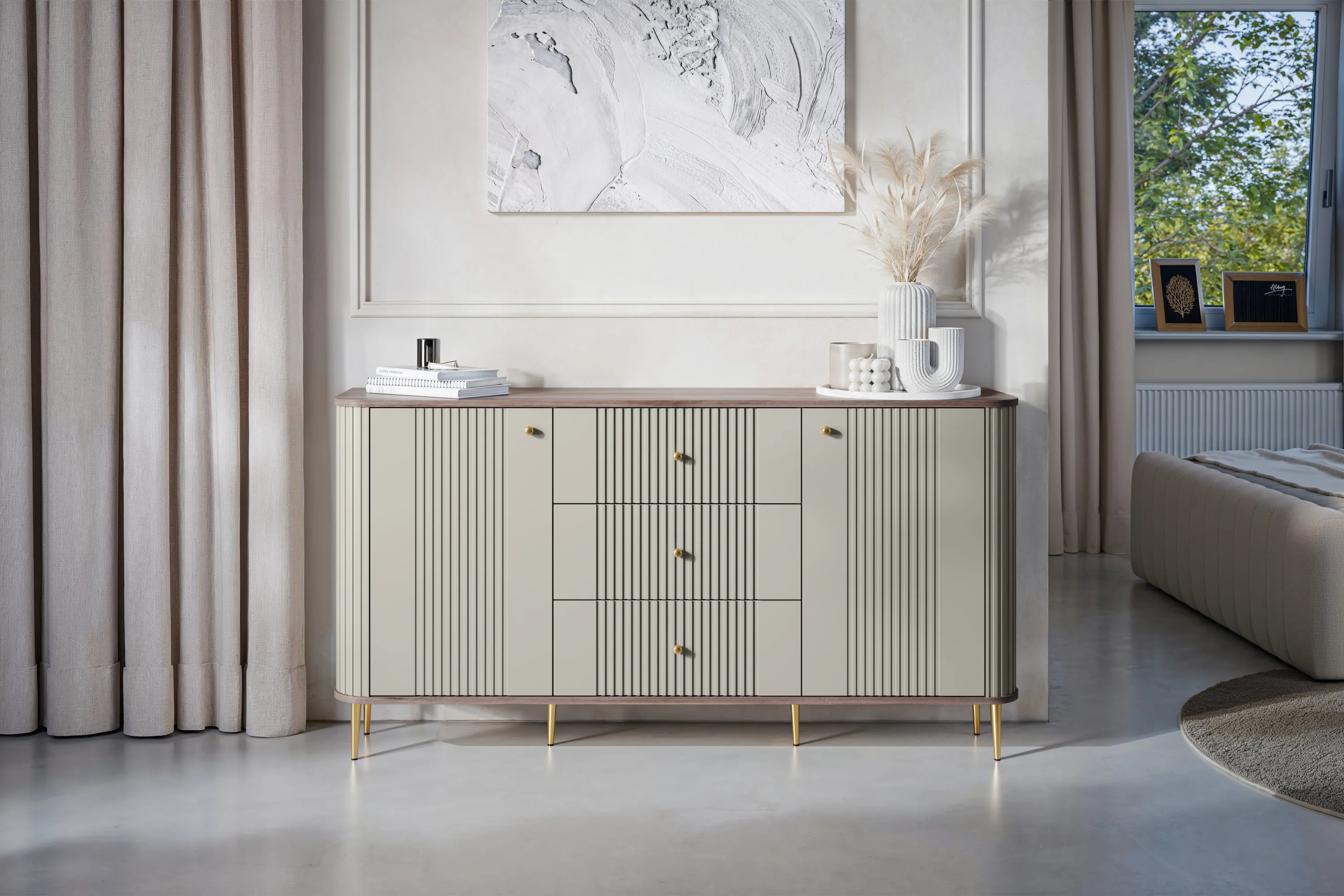 Komoda 2-drzwiowa z 3 szufladami VESPER 160 ryflowany front cashmere orzech złote nogi - B_163603