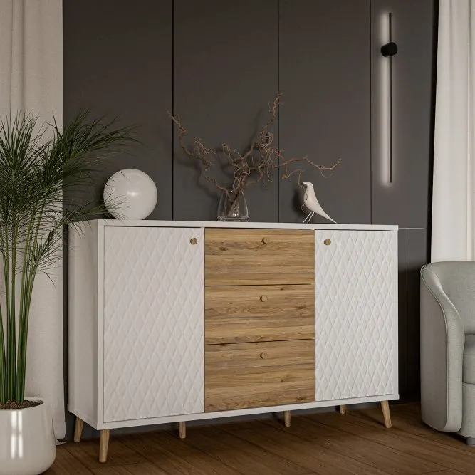 Komoda AKSANA 2-drzwiowa z 3 szufladami - dąb mauvella, biały - AKNK231-M992