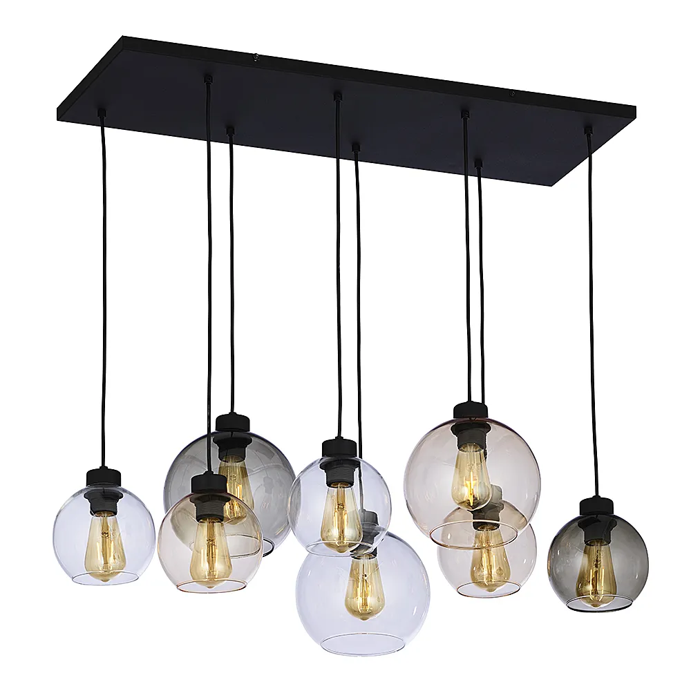 Lampa wisząca CUBUS czarna z różnokolorowymi transparentnym bursztynowym szarym kloszami okrągłymi 175x95x36cm