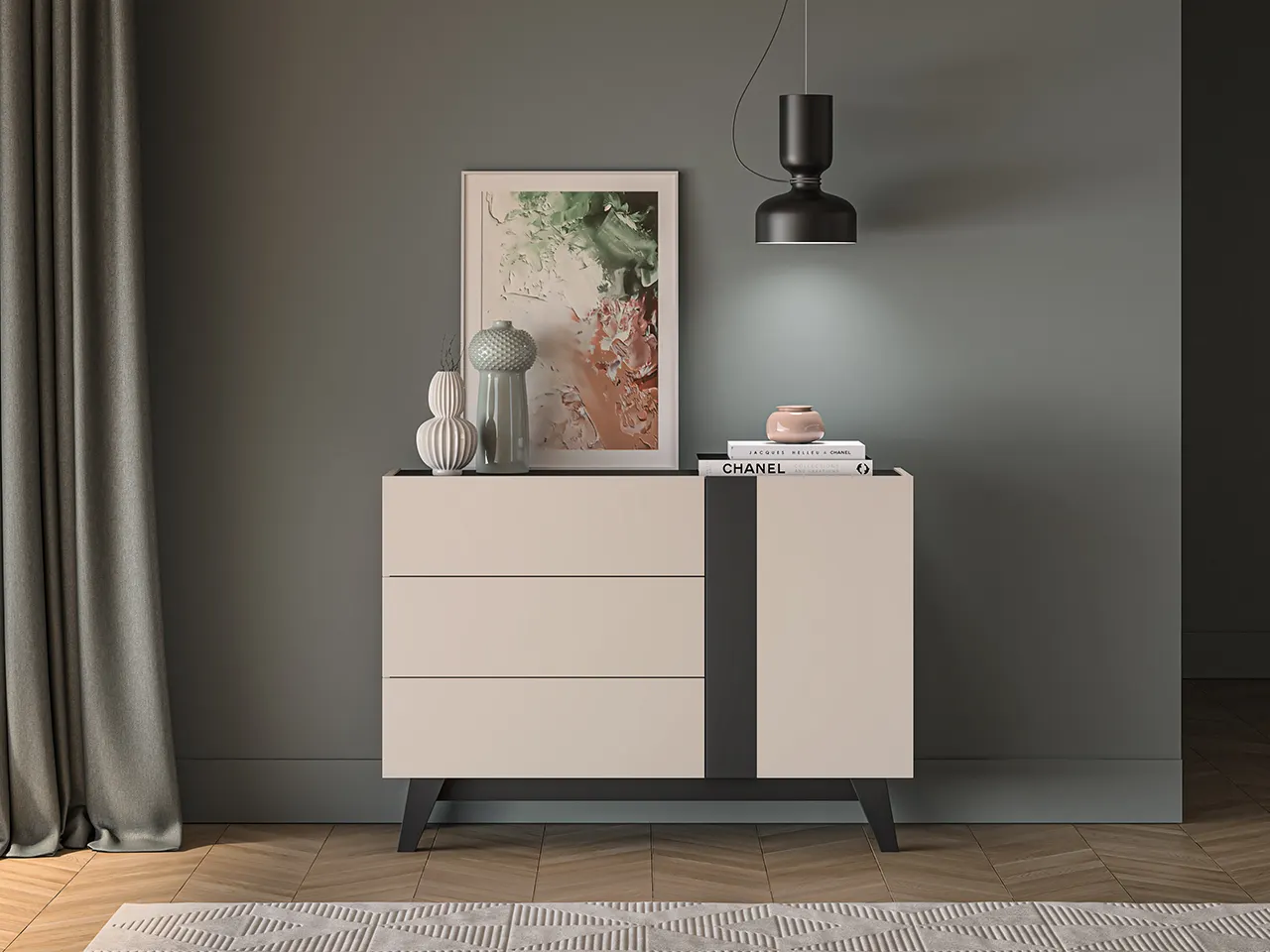 Komoda z półkami i szufladami FRESHION 120 cm beżowo-czarna — zdjęcie 7