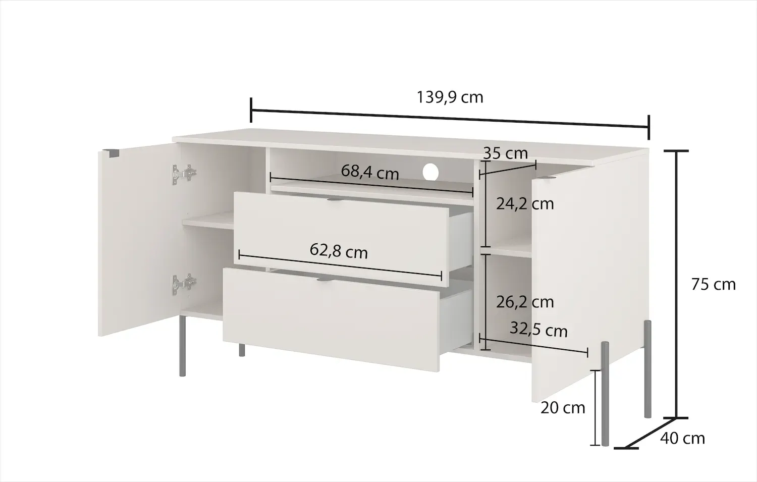 Komoda 2-drzwiowa z 2 szufladami i wnęką ORE 140 cm dąb lindberg kaszmir czarne nóżki - 24LKOG26