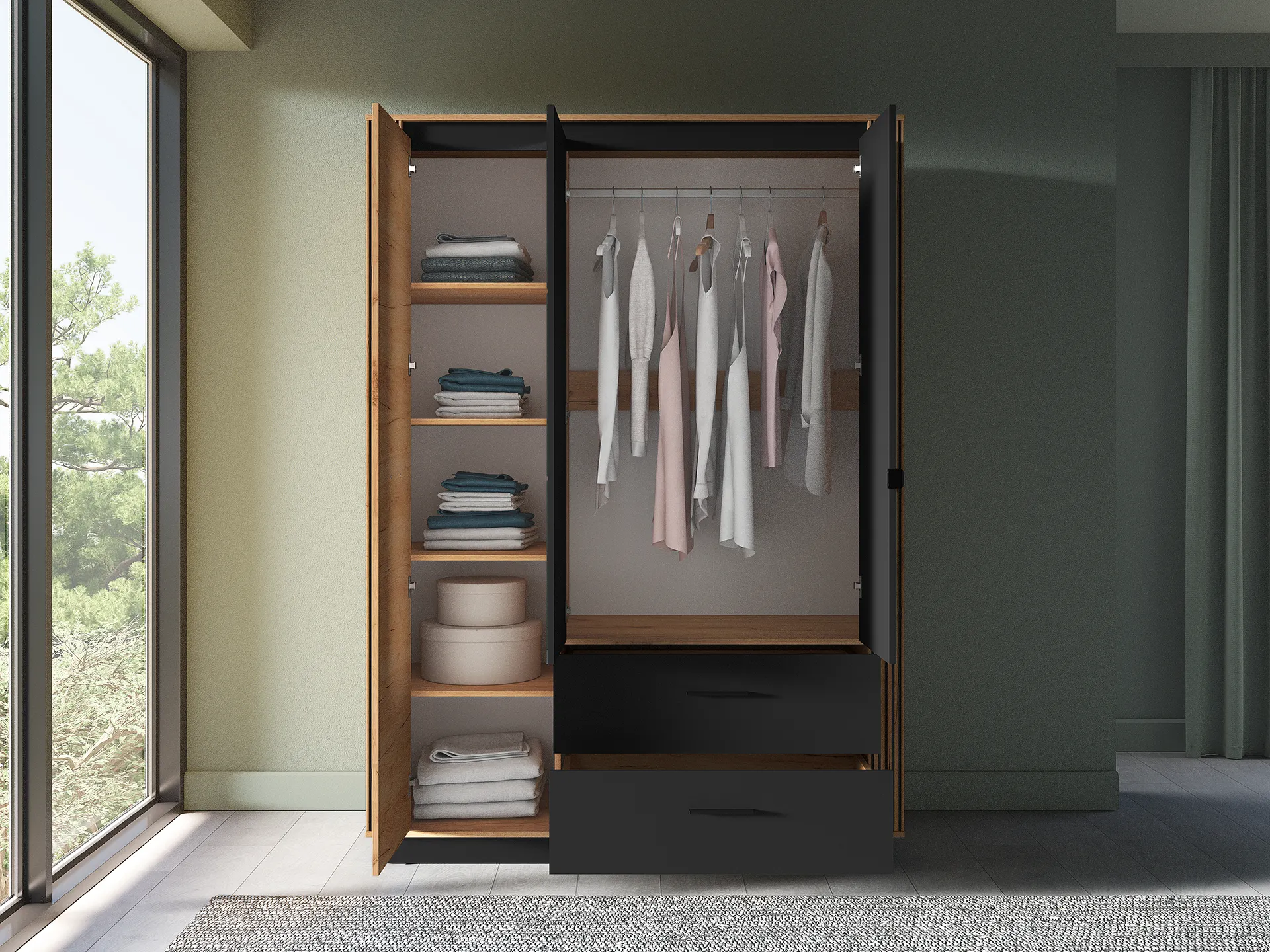 Szafa z lustrem 3-drzwiowa z 2 szufladami URSO 02 craft złoty-czarny - 1URSO02-001