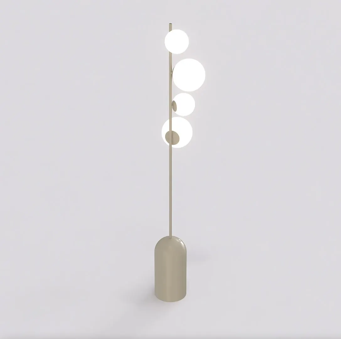 lampa stojąca, lampa podłogowa, białe kule, metalowa konstrukcja, minimalistyczny design